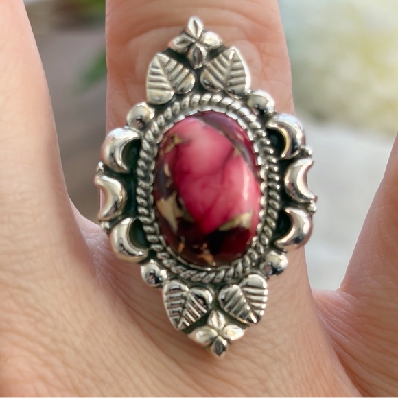 Rose Red Dahlia Turquoise Navajo Style Ring Size 9 Pure Sterling Silver 925 New - Picture 7 of 12